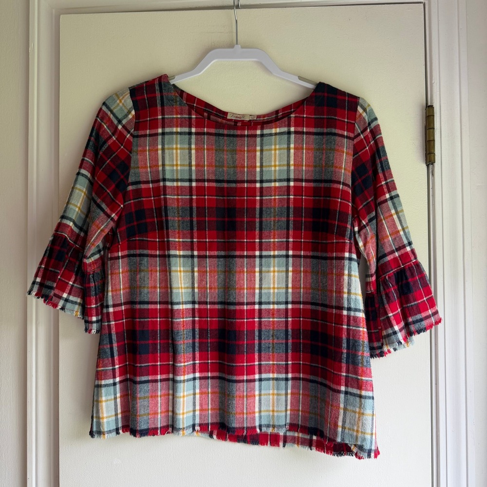 Faherty Womens Red Plaid Tiered Bell Sleeve Frayed Hem Rayon Top Small